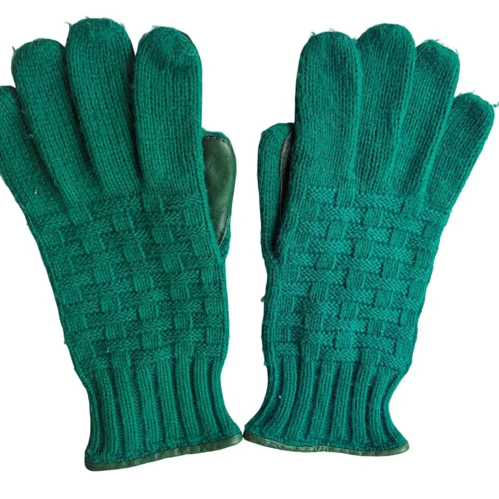 Vintage Forest Green Cable Lattice Knit Gloves Genuine Leather Trim Ladies OS